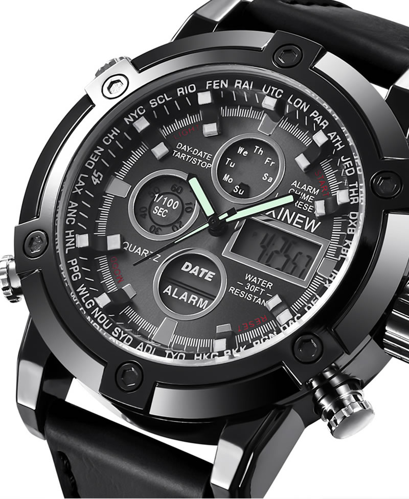 Xinew Men Military Dual Time Digital and Analog Leather