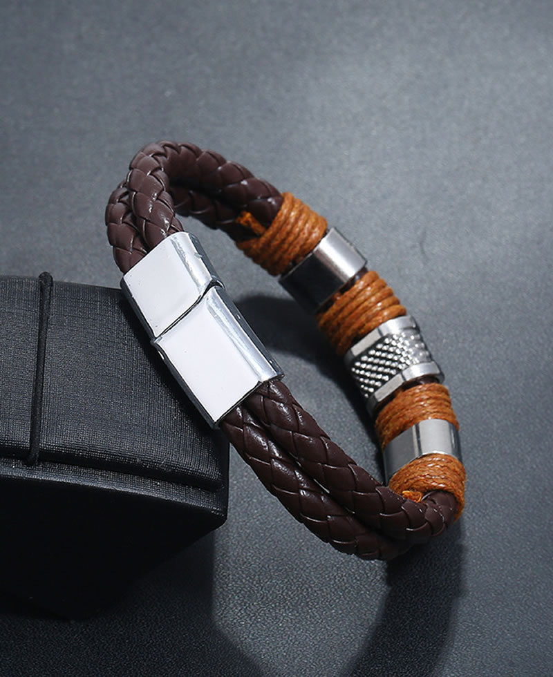 Men's Fashion Double Rope Leather Bracelet - Dark Brown
