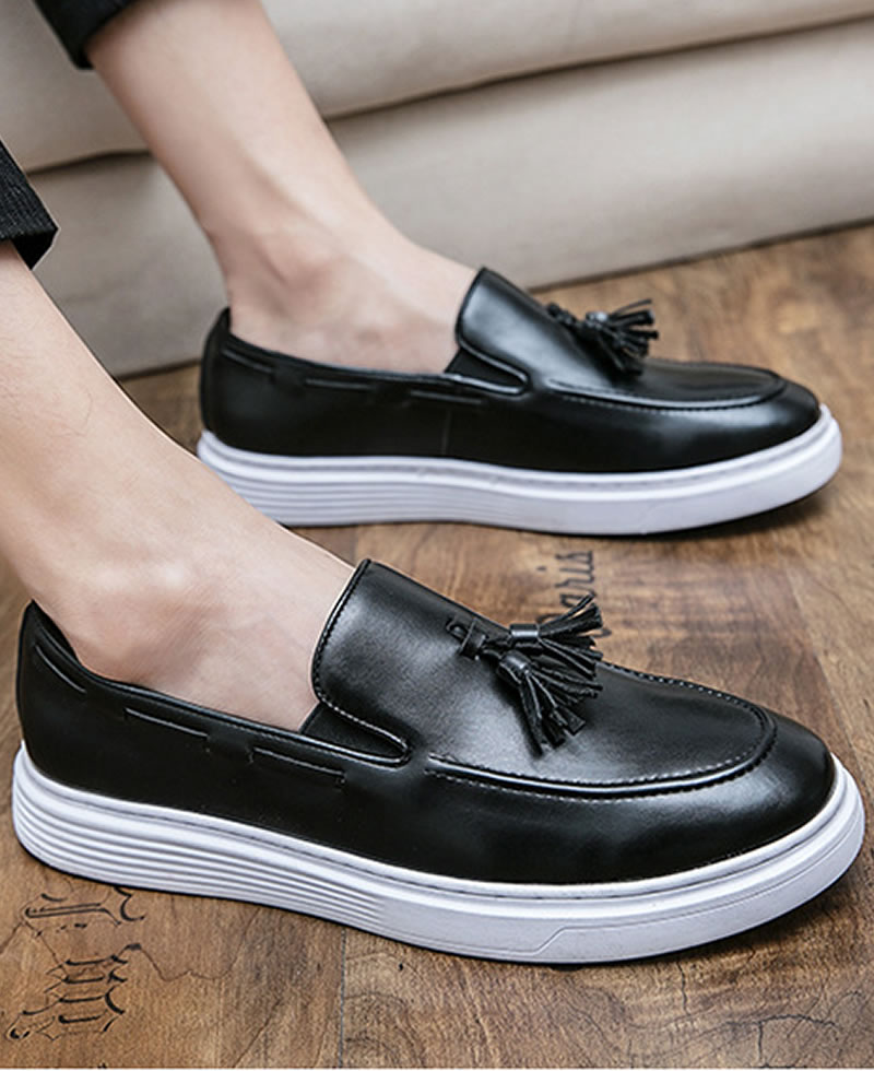 Mens Quality Leather White-Sole Casual Loafers Shoes - Black