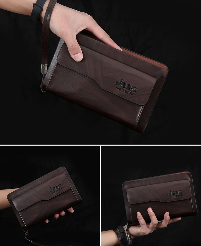 Jeep Men's Double Zipper Leather Clutch Bag - Brown