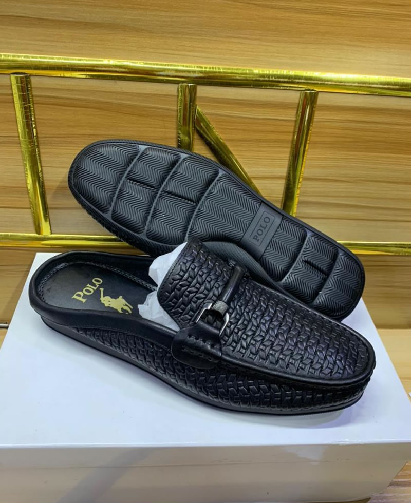 Polo Men's Designer Pattern Leather Casual Horsebit Half Shoe Mules - Black