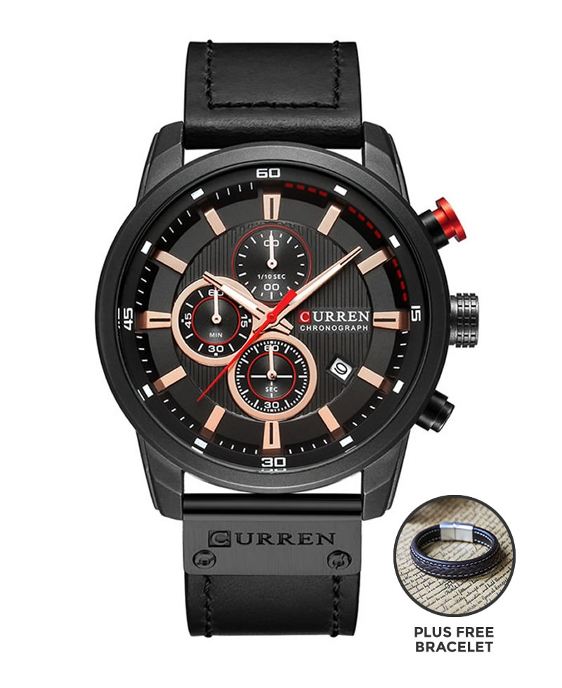 Curren 8291 Men's Chronograph Casual Fashion Leather Watch - Black Face + FREE BRACELET