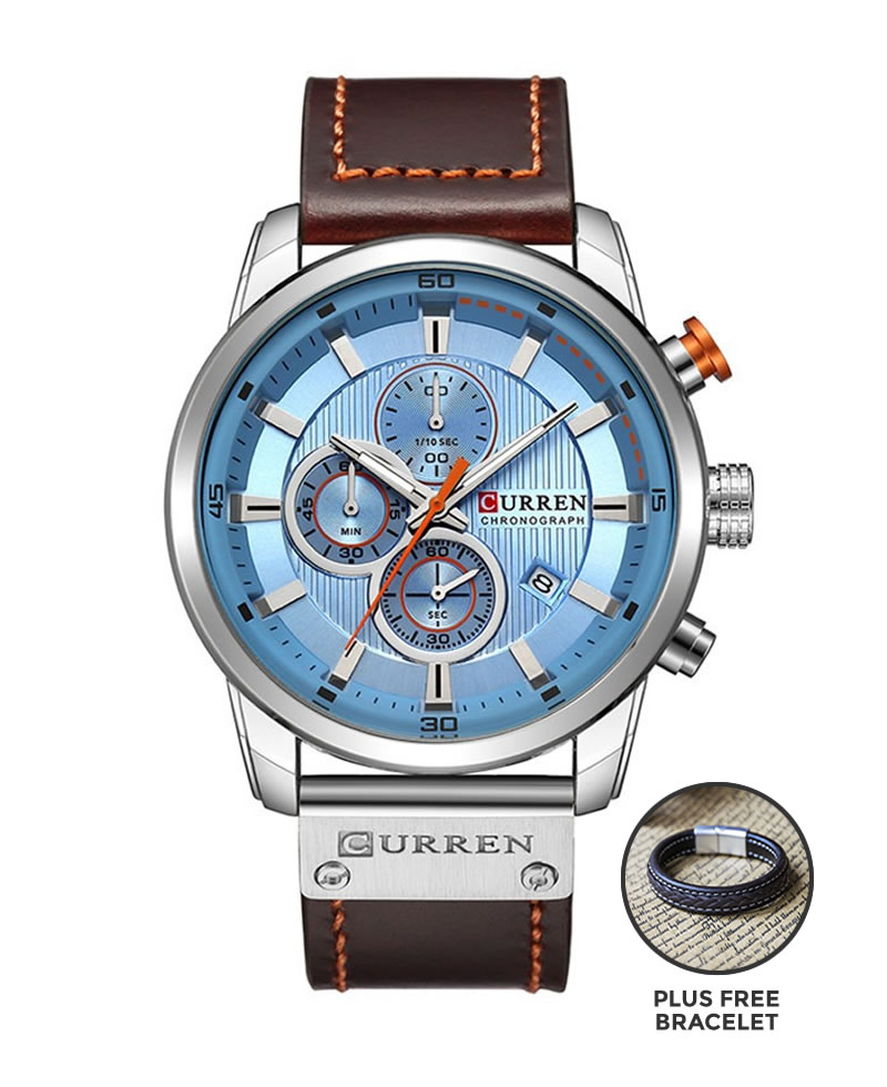 Curren 8291 Men's Chronograph Casual Fashion Leather Watch - Blue Face + FREE BRACELET