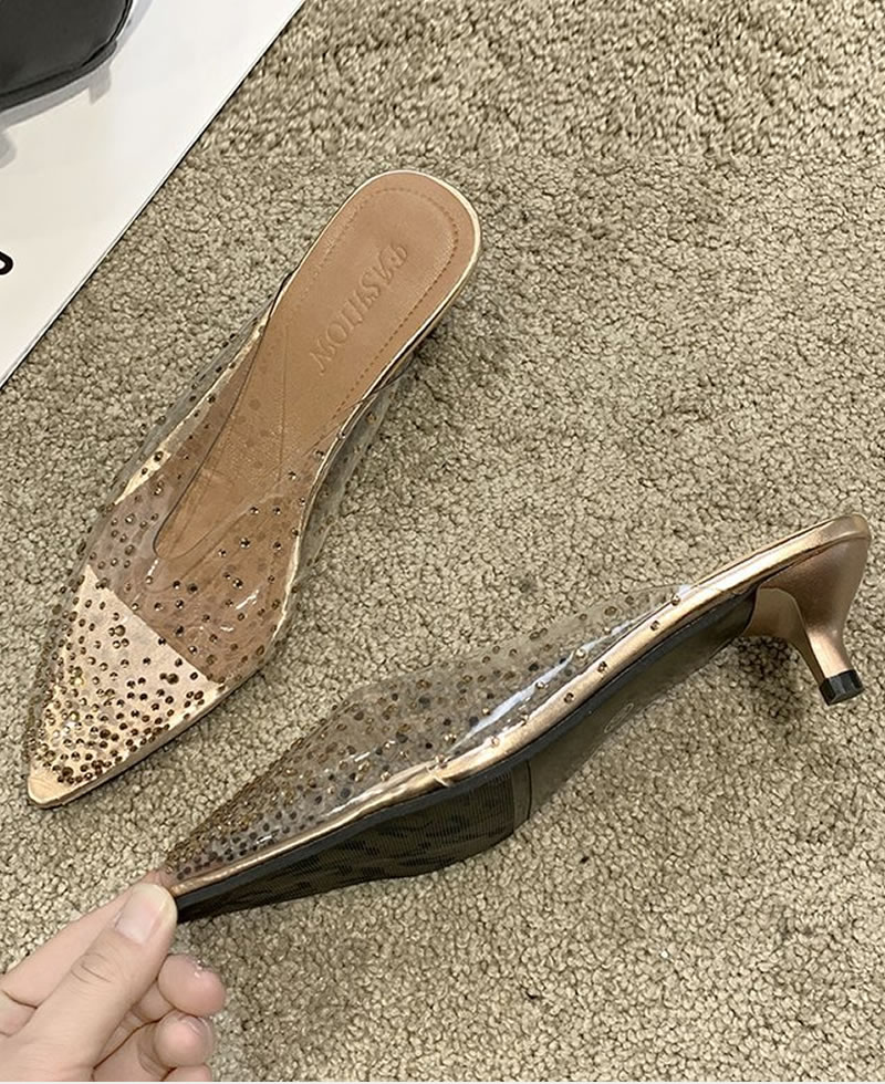 Women Pointed Toe Transparent Rhinestones Low Heels Half