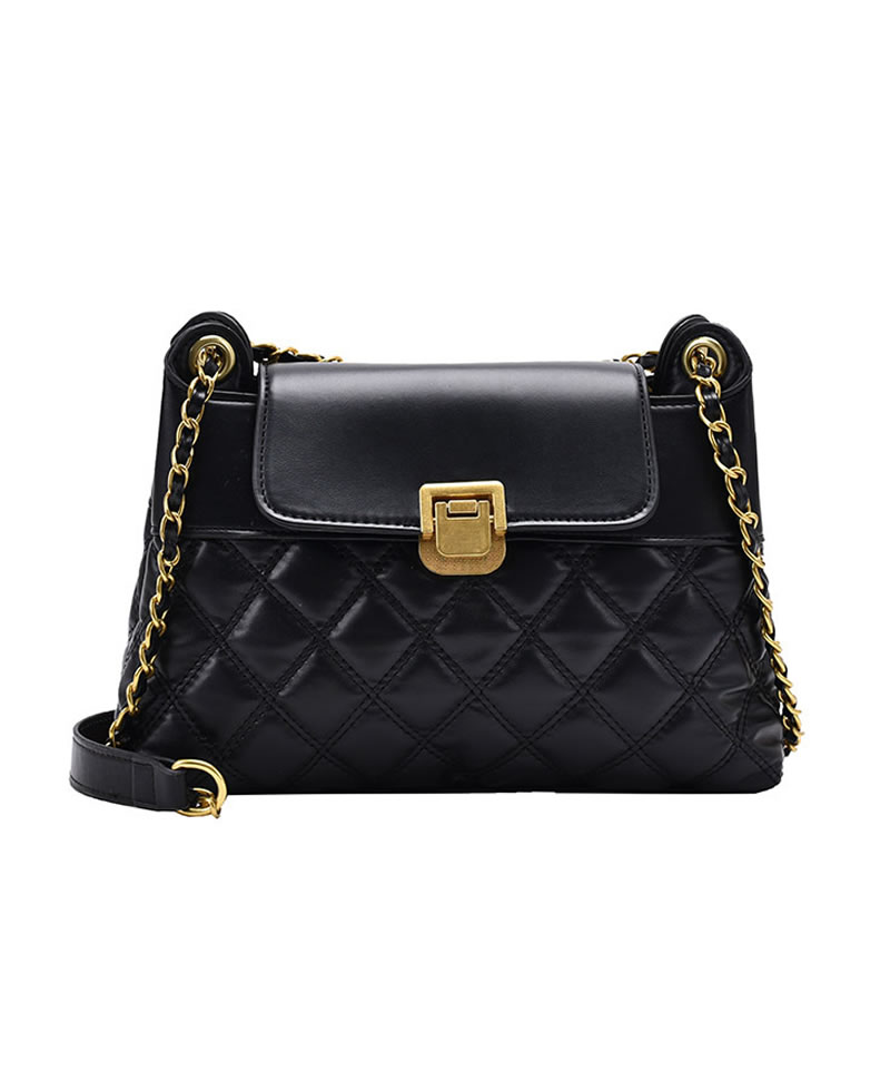 FJT Womens Quilted Retro Chain Strap Handbag Shoulder Baguette Bag - Black
