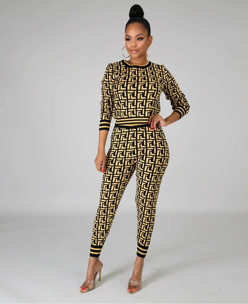 Women Two-Piece Casual Sweater Top And Leggings Suit - Yellow