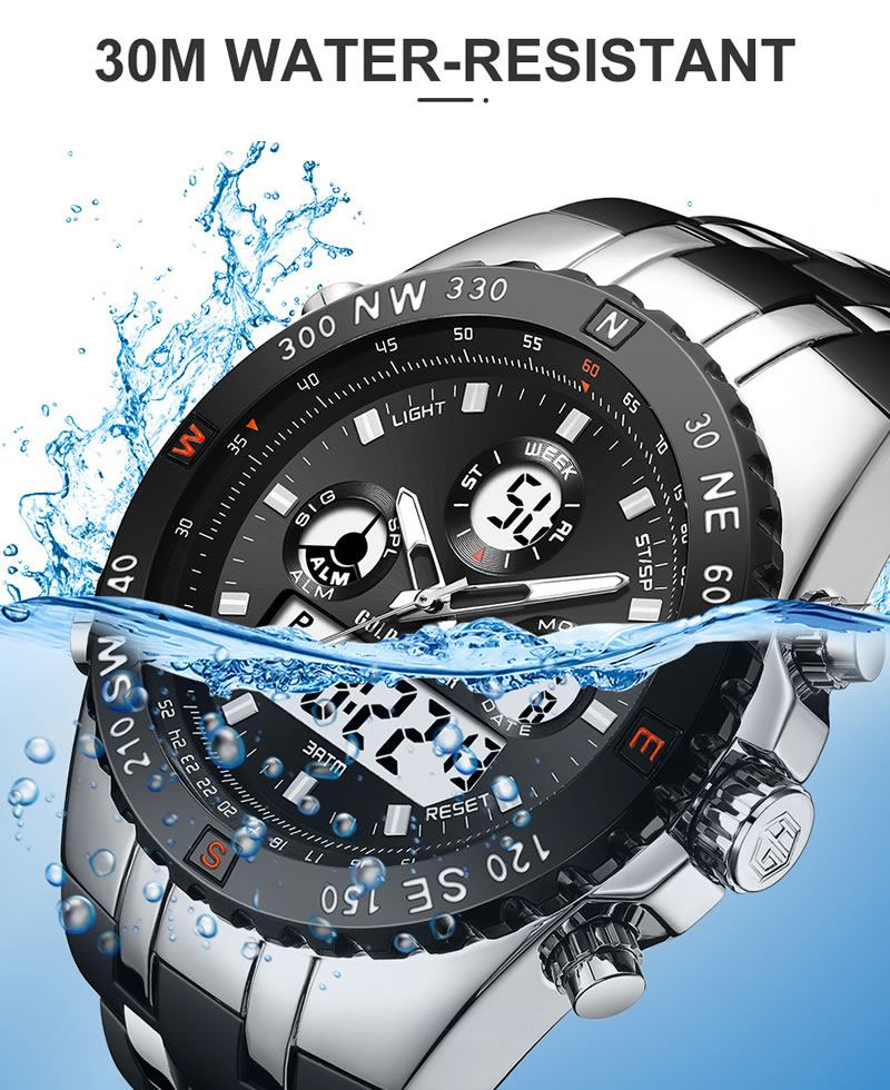 Golden Hour Military Dual-Time Waterproof Silicone Rubber LED Sport Watch - Black Face