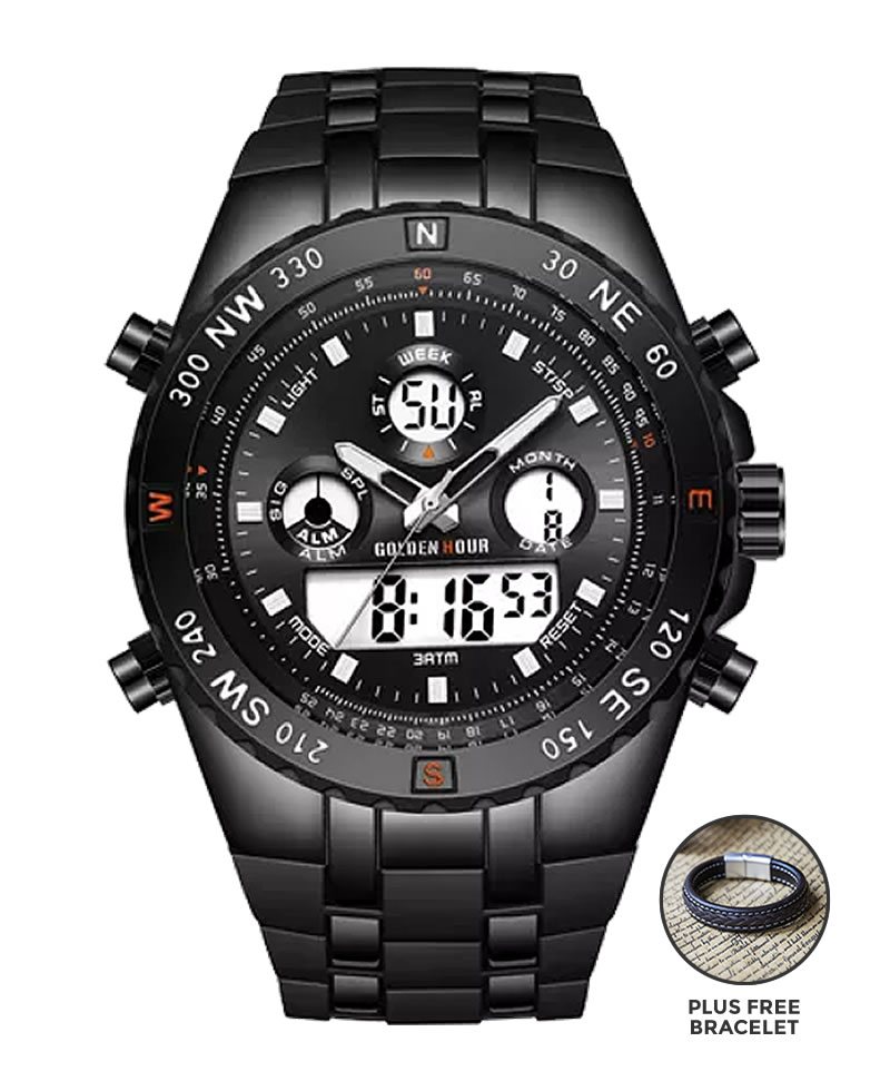 Golden Hour Military Dual-Time Waterproof Silicone Rubber LED Sport Watch - Black Face