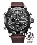 Xinew Men Military Dual-Time Digital and Analog Leather Watch - Coffee PLUS FREE BRACELET