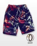 Men's Casual Multicoloured Linen Summer Beach Shorts - Big Red Flowers