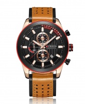 Curren Multi-Function Chronograph Leather Strap Waterproof Sports Watch - Brown