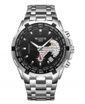 Wlisth 1853 Men's Waterproof Bracelet Silver Chain Watch - Black Face