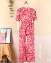 Women's One-Shoulder Printed Floral Short-Sleeved Belted Jumpsuit - Red