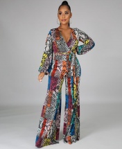 Women's V-Neck Printed Long-Sleeved Belted Jumpsuit - Multicoloured