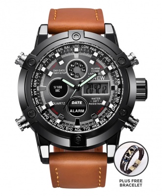 Xinew Men Military Dual-Time Digital and Analog Leather Watch - Brown PLUS FREE BRACELET