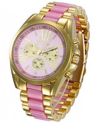 Geneva Full Steel Unisex Quartz Analog Gold Wrist Watch - Pink
