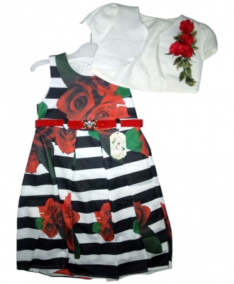 Girls Stripped Sleeveless Dress Rose Design With White Jacket And Red Belt Age 1 - 3 Years