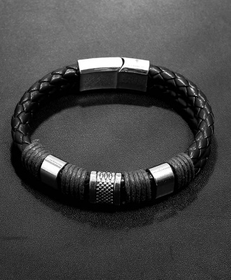 Men's Fashion Double Rope Leather Bracelet - Black