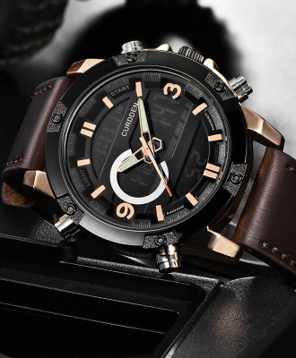 Curdden Dual Time Digital Men Leather Business Watch - Dark Brown