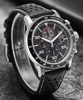 Men's Waterproof Chronograph Leather Watch - Black