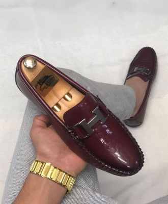 Men's H-Design Casual Horsebit Alligator Patent Leather Loafers - Wine