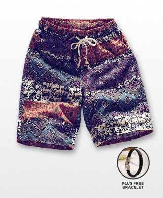 Men's Casual Multicoloured Linen Summer Beach Shorts - Brown Tribal