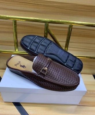 Polo Men's Designer Pattern Leather Casual Horsebit Half Shoe Mules - Brown