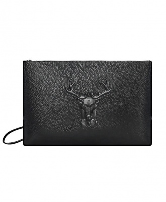 Men's Deer Head Large Capacity Casual Leather Clutch Handbag - Black
