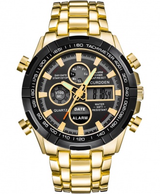 Curdden Brand New Fashion Men Analog and Digital Led Dual Time Bracelet Wrist Watch - Gold