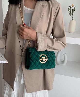 FJT Womens Quilted Velvet Retro Chain Bag Handbag - Green