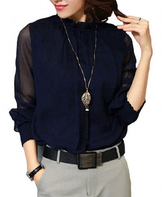 Women's New Fashion Ruffled Chiffon Long-Sleeved Shirt - Navy