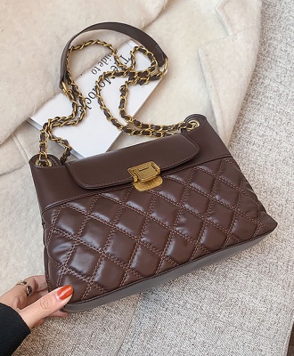 FJT Womens Quilted Retro Chain Strap Handbag Shoulder Baguette Bag - Brown