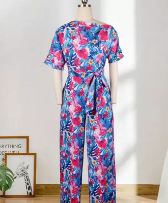 Women's One-Shoulder Printed Floral Short-Sleeved Belted Jumpsuit - Blue