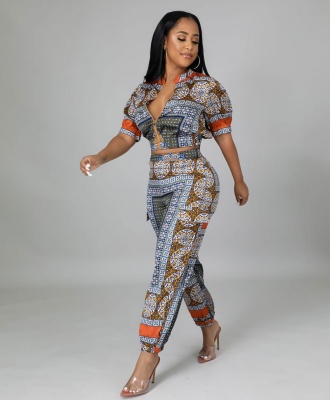 Women Two-Piece Casual Printed Top And Pant Suit - Orange