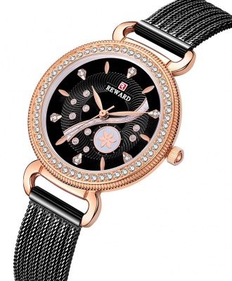Reward Studded Milan Mesh Women Watch - Black