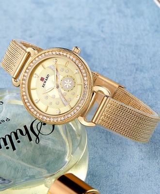 Reward Studded Milan Mesh Women Watch - Gold