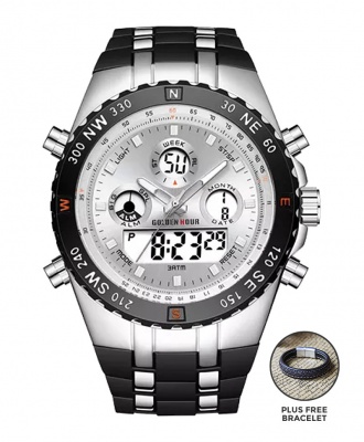 Golden Hour Military Dual-Time Waterproof Silicone Rubber LED Sport Watch - Silver Face