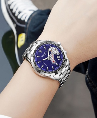 Wlisth 1853 Men's Waterproof Bracelet Silver Chain Watch - Blue Face