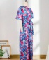 Women's One-Shoulder Printed Floral Short-Sleeved Belted Jumpsuit - Blue