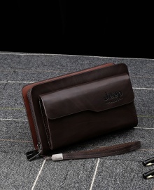 Jeep Men's Double Zipper Leather Clutch Bag - Brown