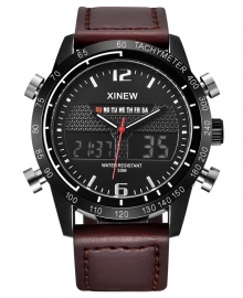 Xinew Digital and Analog Dual Time Tachymeter Leather Watch - Coffee