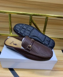 Polo Men's Designer Pattern Leather Casual Horsebit Half Shoe Mules - Brown