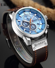 Curren 8291 Men's Chronograph Casual Fashion Leather Watch - Blue Face + FREE BRACELET