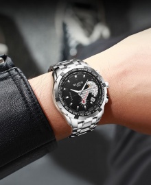 Wlisth 1853 Men's Waterproof Bracelet Silver Chain Watch - Black Face