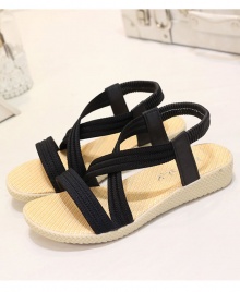 Flat Solid Colour Elastic Band Roman Rubber Sole Sandals - Black