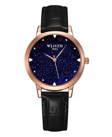 Wlisth Fashion Starry Sky Women's Waterproof Quartz Leather Watch - Black 