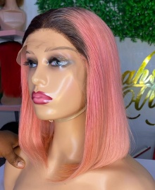 14-Inch 1B Pink Double Drawn Human Hair Wig With T Frontal