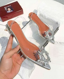 Women Pointed Toe Transparent Low Heels Sandal Shoes - Silver