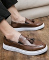 Mens Quality Leather White-Sole Casual Loafers Shoes - Brown