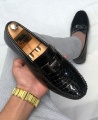 Men's H-Design Casual Horsebit Alligator Patent Leather Loafers - Black